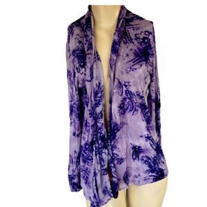 Chicos purple cream print size one long sleeve open front sweater